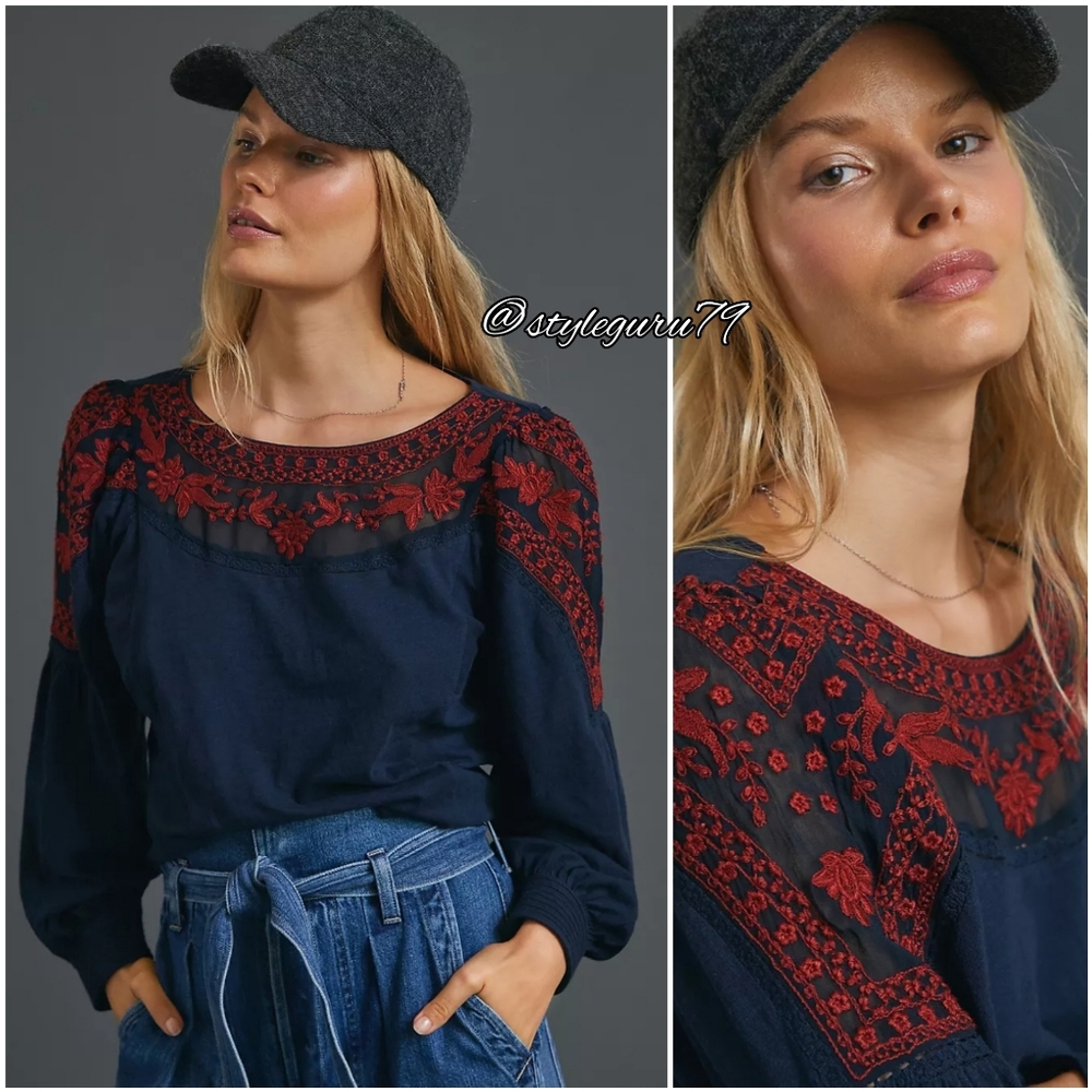 NWT, Anthropologie, KAMI EMBROIDERED Long Sleeve Top In Navy